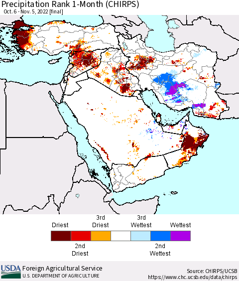 Middle East and Turkey Precipitation Rank since 1981, 1-Month (CHIRPS) Thematic Map For 10/6/2022 - 11/5/2022