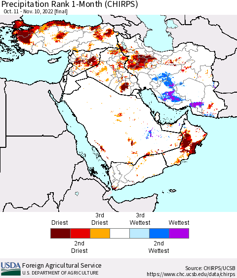 Middle East and Turkey Precipitation Rank since 1981, 1-Month (CHIRPS) Thematic Map For 10/11/2022 - 11/10/2022