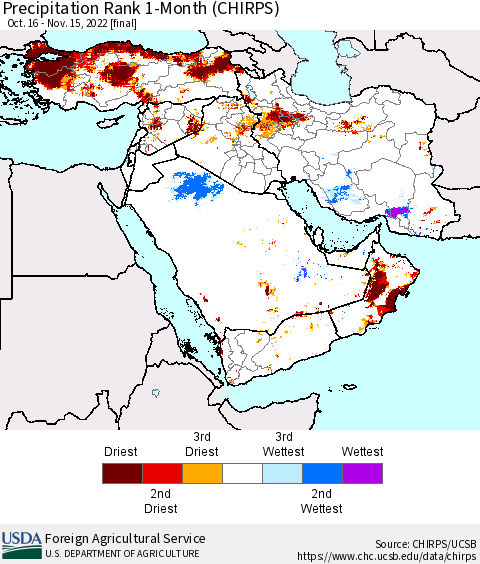 Middle East and Turkey Precipitation Rank since 1981, 1-Month (CHIRPS) Thematic Map For 10/16/2022 - 11/15/2022