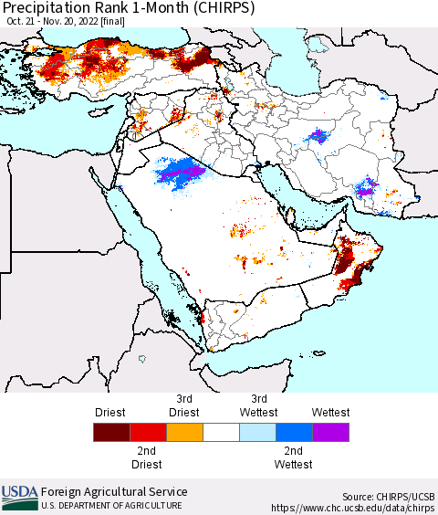 Middle East and Turkey Precipitation Rank since 1981, 1-Month (CHIRPS) Thematic Map For 10/21/2022 - 11/20/2022