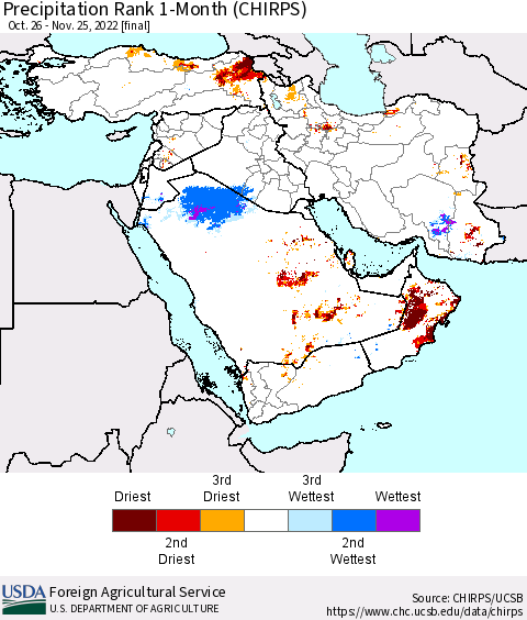 Middle East and Turkey Precipitation Rank since 1981, 1-Month (CHIRPS) Thematic Map For 10/26/2022 - 11/25/2022