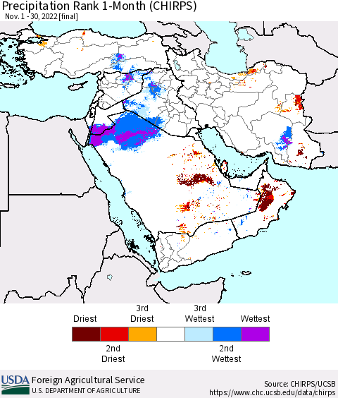 Middle East and Turkey Precipitation Rank since 1981, 1-Month (CHIRPS) Thematic Map For 11/1/2022 - 11/30/2022