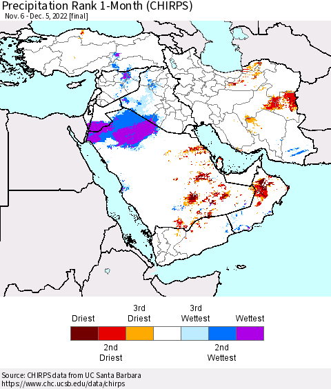 Middle East and Turkey Precipitation Rank since 1981, 1-Month (CHIRPS) Thematic Map For 11/6/2022 - 12/5/2022