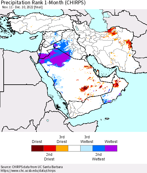 Middle East and Turkey Precipitation Rank since 1981, 1-Month (CHIRPS) Thematic Map For 11/11/2022 - 12/10/2022