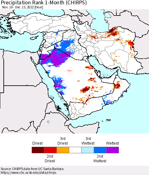 Middle East and Turkey Precipitation Rank since 1981, 1-Month (CHIRPS) Thematic Map For 11/16/2022 - 12/15/2022