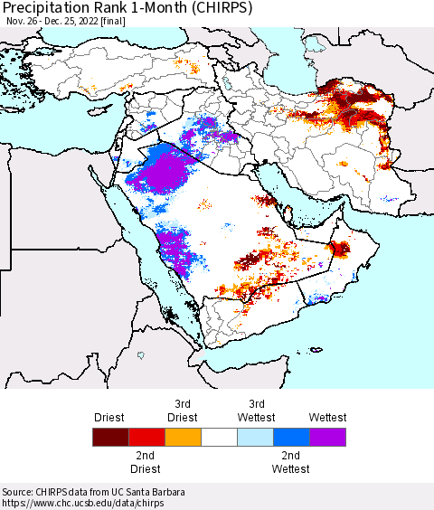 Middle East and Turkey Precipitation Rank since 1981, 1-Month (CHIRPS) Thematic Map For 11/26/2022 - 12/25/2022