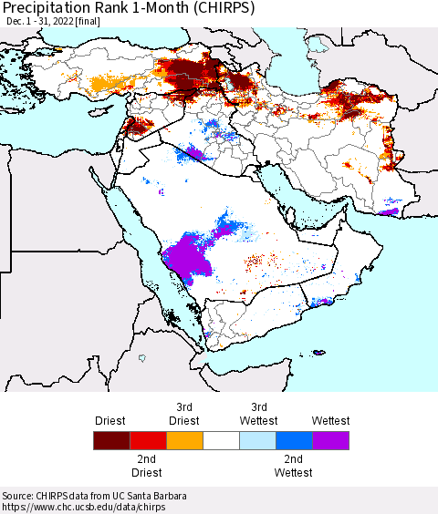 Middle East and Turkey Precipitation Rank since 1981, 1-Month (CHIRPS) Thematic Map For 12/1/2022 - 12/31/2022