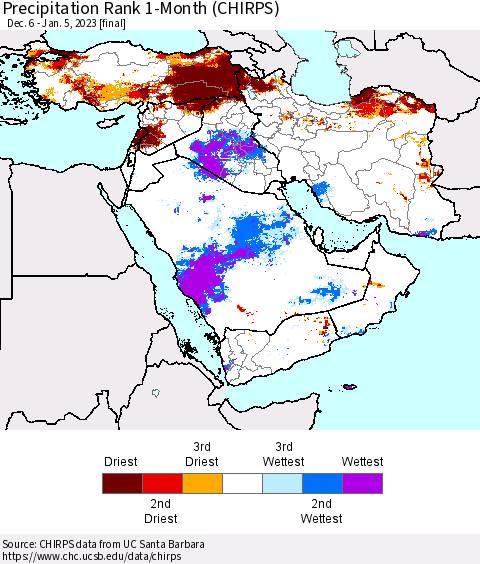 Middle East and Turkey Precipitation Rank since 1981, 1-Month (CHIRPS) Thematic Map For 12/6/2022 - 1/5/2023