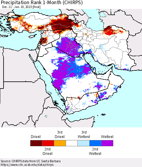 Middle East and Turkey Precipitation Rank since 1981, 1-Month (CHIRPS) Thematic Map For 12/11/2022 - 1/10/2023