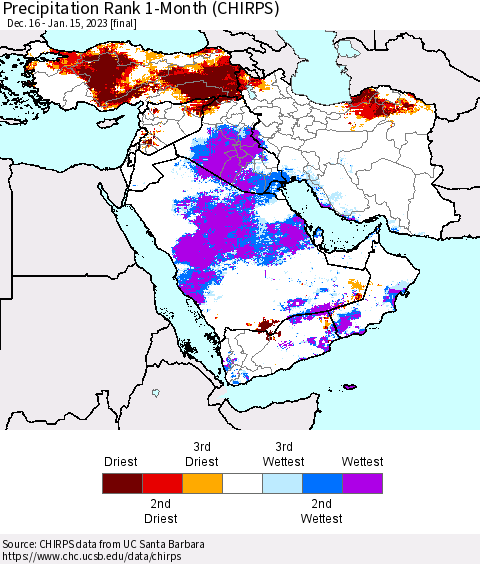 Middle East and Turkey Precipitation Rank since 1981, 1-Month (CHIRPS) Thematic Map For 12/16/2022 - 1/15/2023