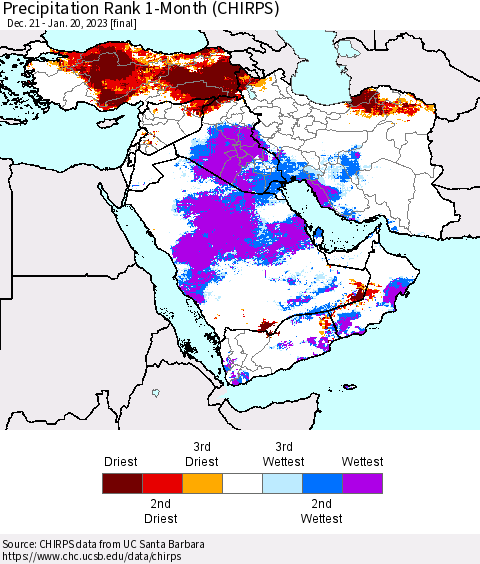 Middle East and Turkey Precipitation Rank since 1981, 1-Month (CHIRPS) Thematic Map For 12/21/2022 - 1/20/2023
