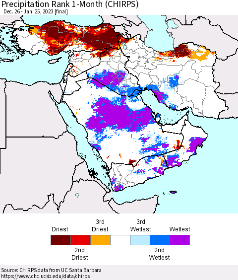 Middle East and Turkey Precipitation Rank since 1981, 1-Month (CHIRPS) Thematic Map For 12/26/2022 - 1/25/2023