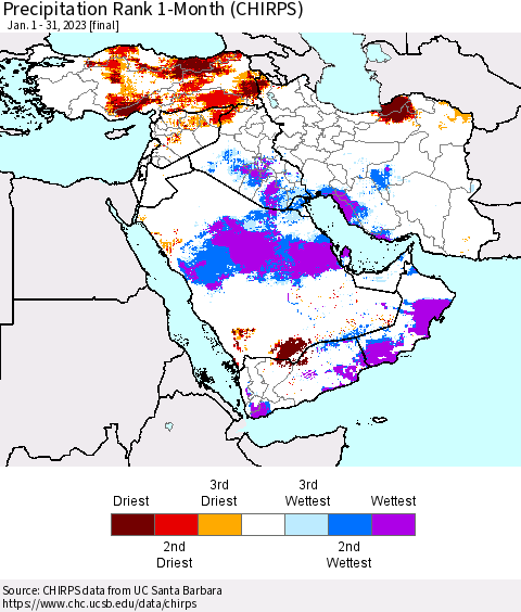 Middle East and Turkey Precipitation Rank since 1981, 1-Month (CHIRPS) Thematic Map For 1/1/2023 - 1/31/2023