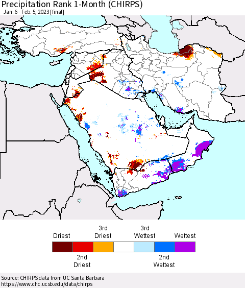 Middle East and Turkey Precipitation Rank since 1981, 1-Month (CHIRPS) Thematic Map For 1/6/2023 - 2/5/2023