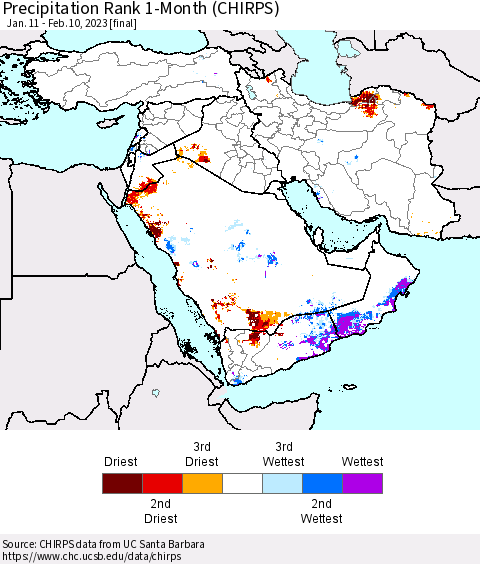 Middle East and Turkey Precipitation Rank since 1981, 1-Month (CHIRPS) Thematic Map For 1/11/2023 - 2/10/2023