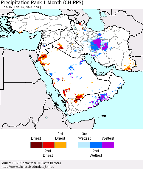 Middle East and Turkey Precipitation Rank since 1981, 1-Month (CHIRPS) Thematic Map For 1/16/2023 - 2/15/2023