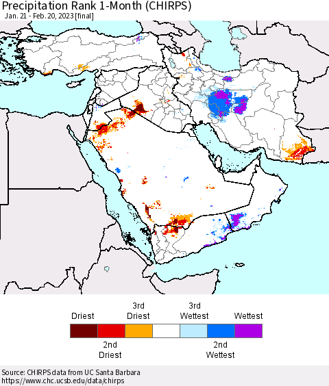 Middle East and Turkey Precipitation Rank since 1981, 1-Month (CHIRPS) Thematic Map For 1/21/2023 - 2/20/2023