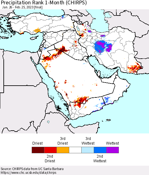 Middle East and Turkey Precipitation Rank since 1981, 1-Month (CHIRPS) Thematic Map For 1/26/2023 - 2/25/2023