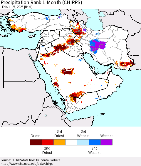 Middle East and Turkey Precipitation Rank since 1981, 1-Month (CHIRPS) Thematic Map For 2/1/2023 - 2/28/2023