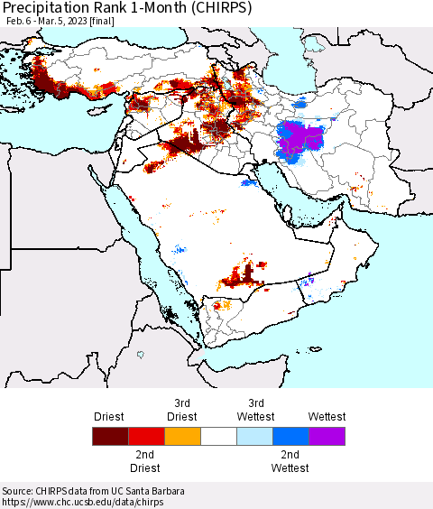 Middle East and Turkey Precipitation Rank since 1981, 1-Month (CHIRPS) Thematic Map For 2/6/2023 - 3/5/2023