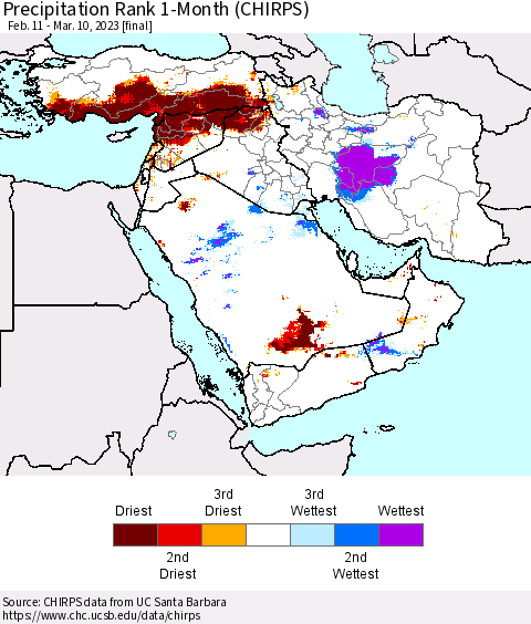 Middle East and Turkey Precipitation Rank since 1981, 1-Month (CHIRPS) Thematic Map For 2/11/2023 - 3/10/2023