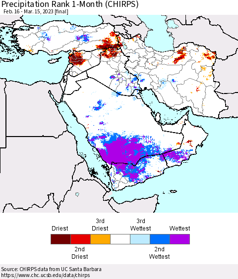 Middle East and Turkey Precipitation Rank since 1981, 1-Month (CHIRPS) Thematic Map For 2/16/2023 - 3/15/2023