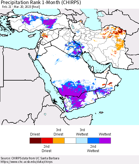 Middle East and Turkey Precipitation Rank since 1981, 1-Month (CHIRPS) Thematic Map For 2/21/2023 - 3/20/2023