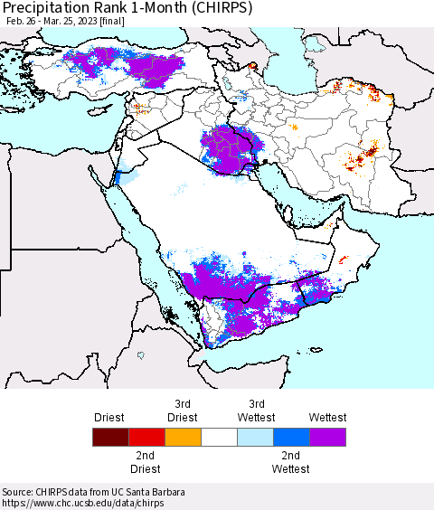 Middle East and Turkey Precipitation Rank since 1981, 1-Month (CHIRPS) Thematic Map For 2/26/2023 - 3/25/2023