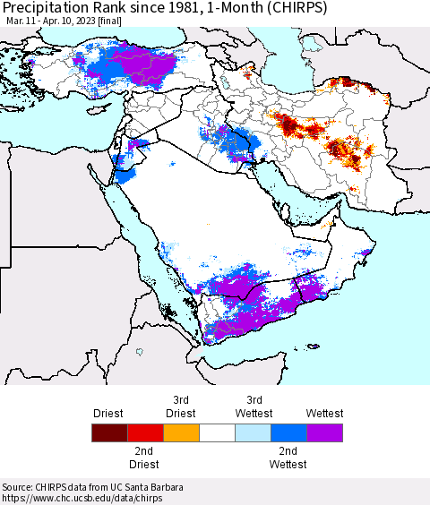 Middle East and Turkey Precipitation Rank since 1981, 1-Month (CHIRPS) Thematic Map For 3/11/2023 - 4/10/2023