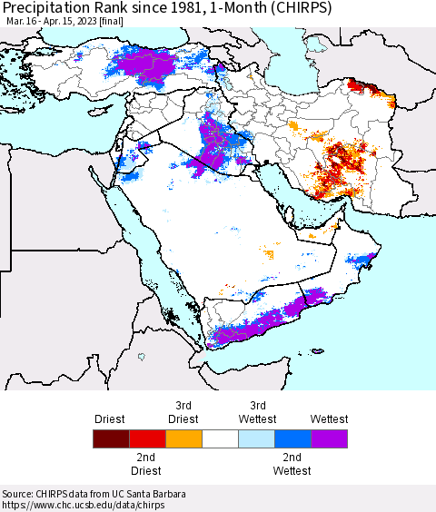 Middle East and Turkey Precipitation Rank since 1981, 1-Month (CHIRPS) Thematic Map For 3/16/2023 - 4/15/2023