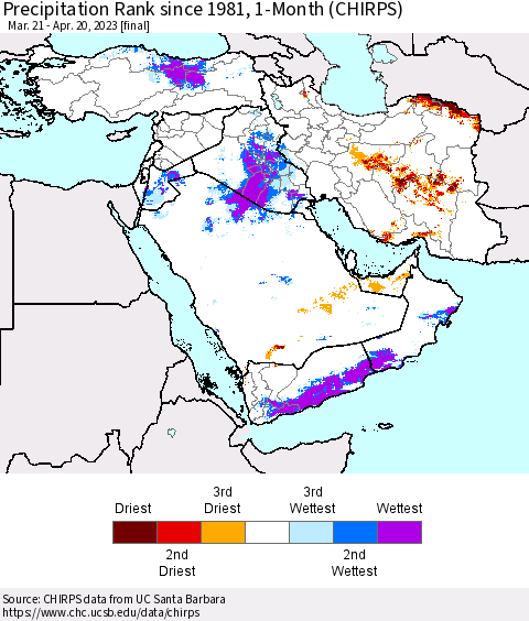 Middle East and Turkey Precipitation Rank since 1981, 1-Month (CHIRPS) Thematic Map For 3/21/2023 - 4/20/2023