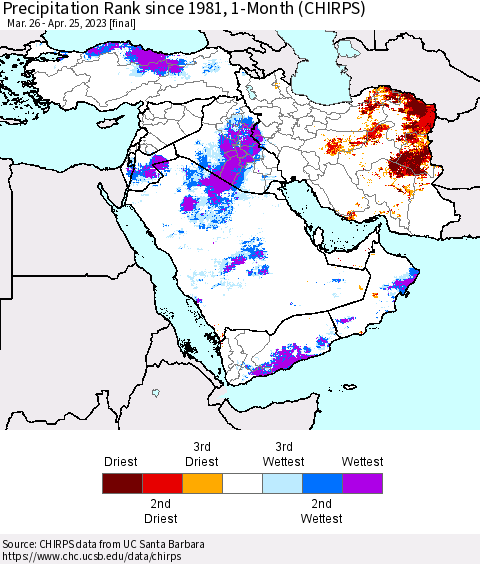 Middle East and Turkey Precipitation Rank since 1981, 1-Month (CHIRPS) Thematic Map For 3/26/2023 - 4/25/2023