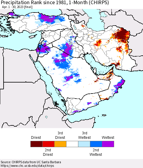 Middle East and Turkey Precipitation Rank since 1981, 1-Month (CHIRPS) Thematic Map For 4/1/2023 - 4/30/2023