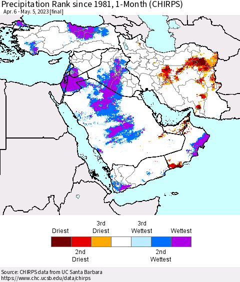 Middle East and Turkey Precipitation Rank since 1981, 1-Month (CHIRPS) Thematic Map For 4/6/2023 - 5/5/2023