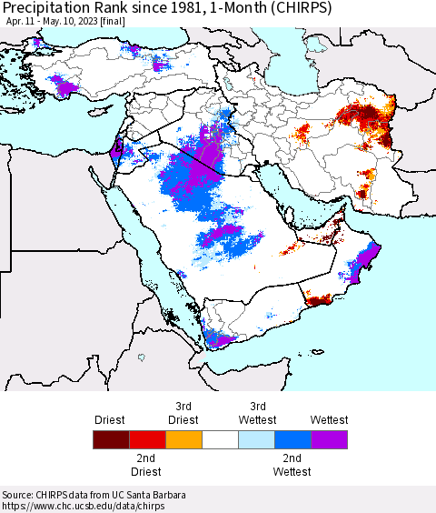 Middle East and Turkey Precipitation Rank since 1981, 1-Month (CHIRPS) Thematic Map For 4/11/2023 - 5/10/2023