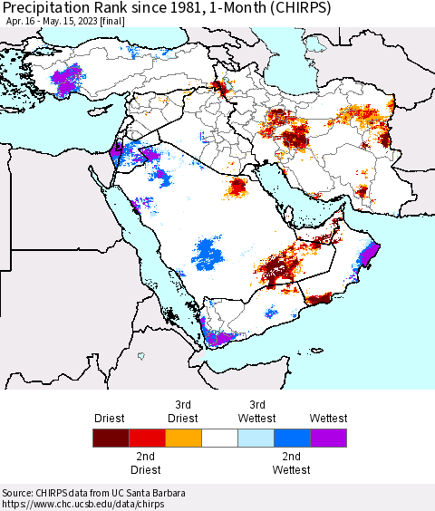 Middle East and Turkey Precipitation Rank since 1981, 1-Month (CHIRPS) Thematic Map For 4/16/2023 - 5/15/2023