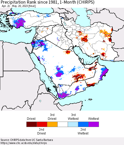Middle East and Turkey Precipitation Rank since 1981, 1-Month (CHIRPS) Thematic Map For 4/21/2023 - 5/20/2023