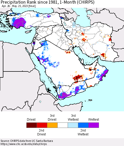 Middle East and Turkey Precipitation Rank since 1981, 1-Month (CHIRPS) Thematic Map For 4/26/2023 - 5/25/2023