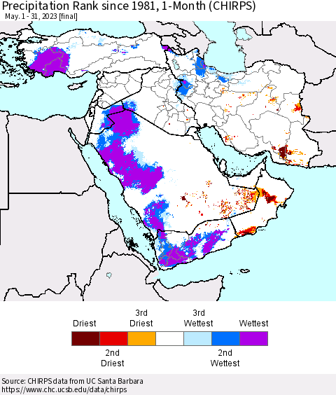 Middle East and Turkey Precipitation Rank since 1981, 1-Month (CHIRPS) Thematic Map For 5/1/2023 - 5/31/2023