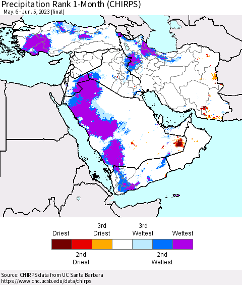 Middle East and Turkey Precipitation Rank since 1981, 1-Month (CHIRPS) Thematic Map For 5/6/2023 - 6/5/2023