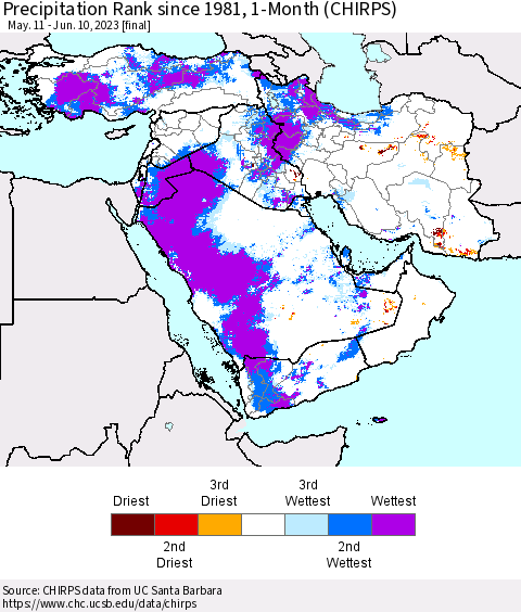 Middle East and Turkey Precipitation Rank since 1981, 1-Month (CHIRPS) Thematic Map For 5/11/2023 - 6/10/2023