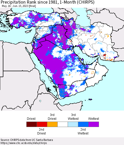 Middle East and Turkey Precipitation Rank since 1981, 1-Month (CHIRPS) Thematic Map For 5/16/2023 - 6/15/2023