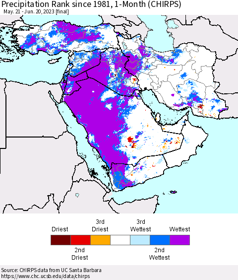 Middle East and Turkey Precipitation Rank since 1981, 1-Month (CHIRPS) Thematic Map For 5/21/2023 - 6/20/2023
