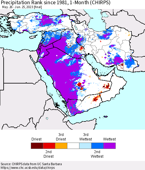 Middle East and Turkey Precipitation Rank since 1981, 1-Month (CHIRPS) Thematic Map For 5/26/2023 - 6/25/2023