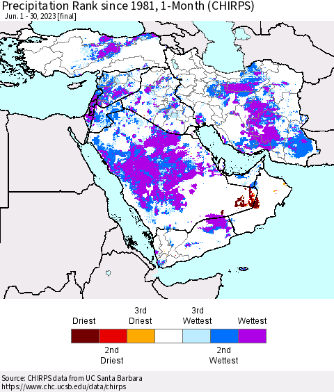 Middle East and Turkey Precipitation Rank since 1981, 1-Month (CHIRPS) Thematic Map For 6/1/2023 - 6/30/2023