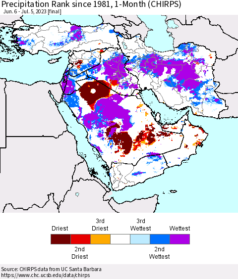 Middle East and Turkey Precipitation Rank since 1981, 1-Month (CHIRPS) Thematic Map For 6/6/2023 - 7/5/2023