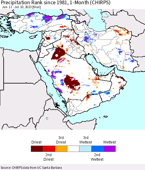Middle East and Turkey Precipitation Rank since 1981, 1-Month (CHIRPS) Thematic Map For 6/11/2023 - 7/10/2023