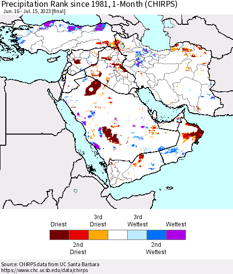 Middle East and Turkey Precipitation Rank since 1981, 1-Month (CHIRPS) Thematic Map For 6/16/2023 - 7/15/2023