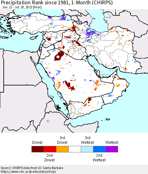 Middle East and Turkey Precipitation Rank since 1981, 1-Month (CHIRPS) Thematic Map For 6/21/2023 - 7/20/2023