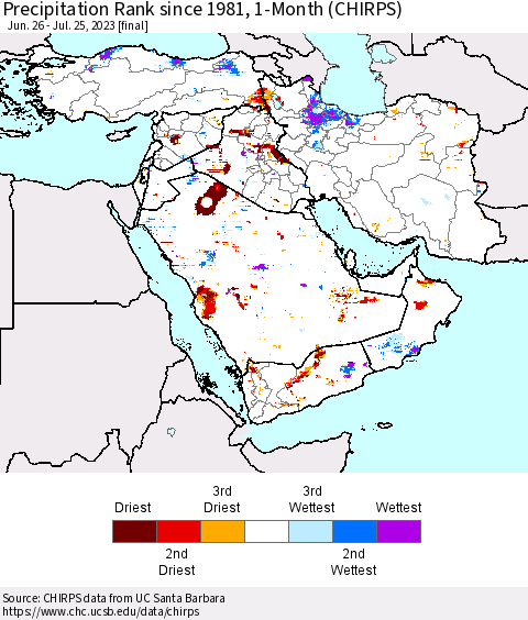 Middle East and Turkey Precipitation Rank since 1981, 1-Month (CHIRPS) Thematic Map For 6/26/2023 - 7/25/2023